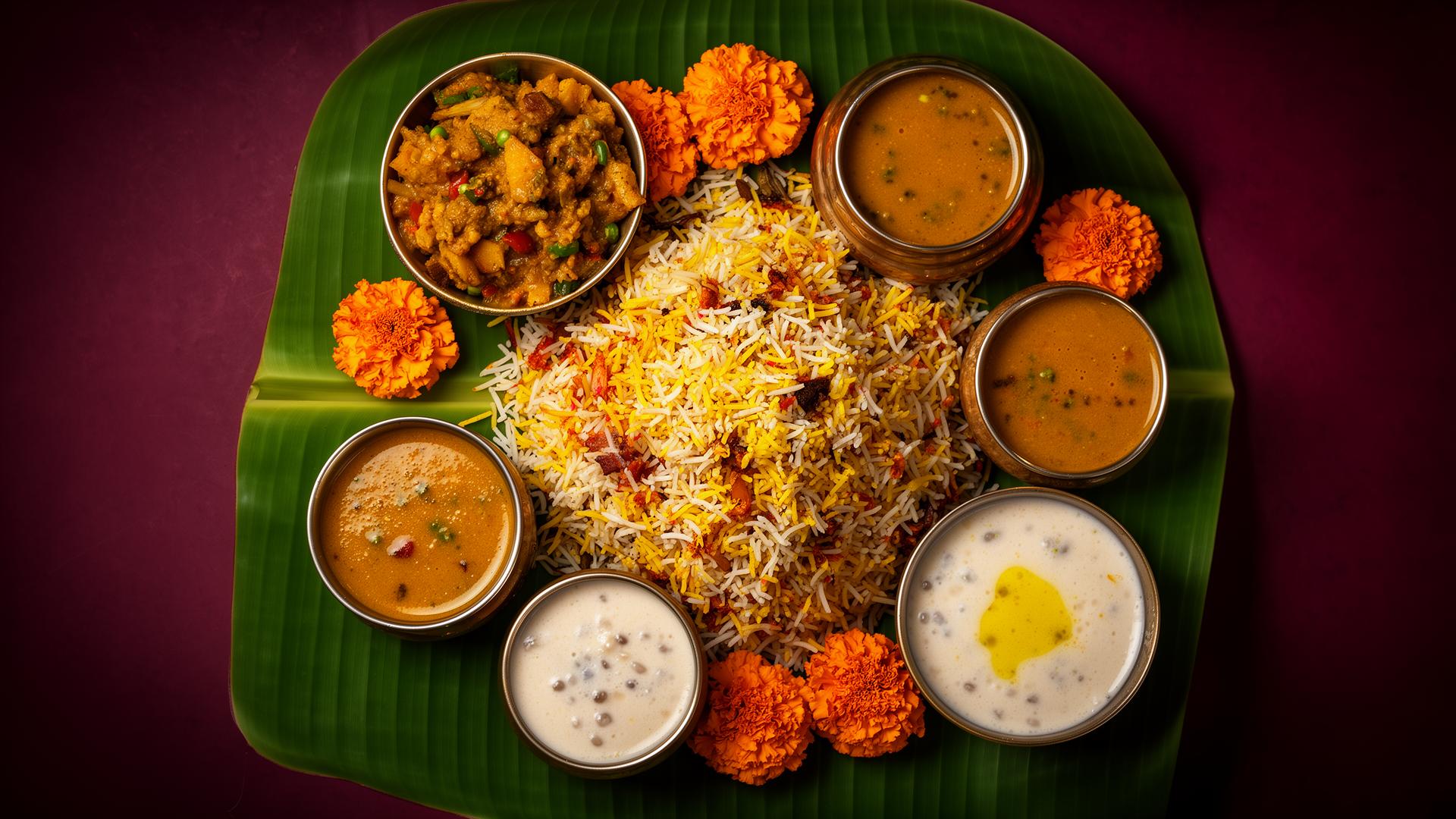 South Indian wedding feast served on banana leaf